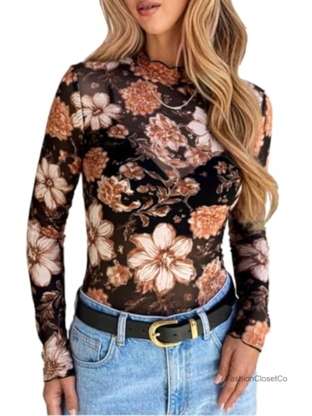 Sheer Long Sleeve Mock Neck Lace Blouse Floral Mesh Top